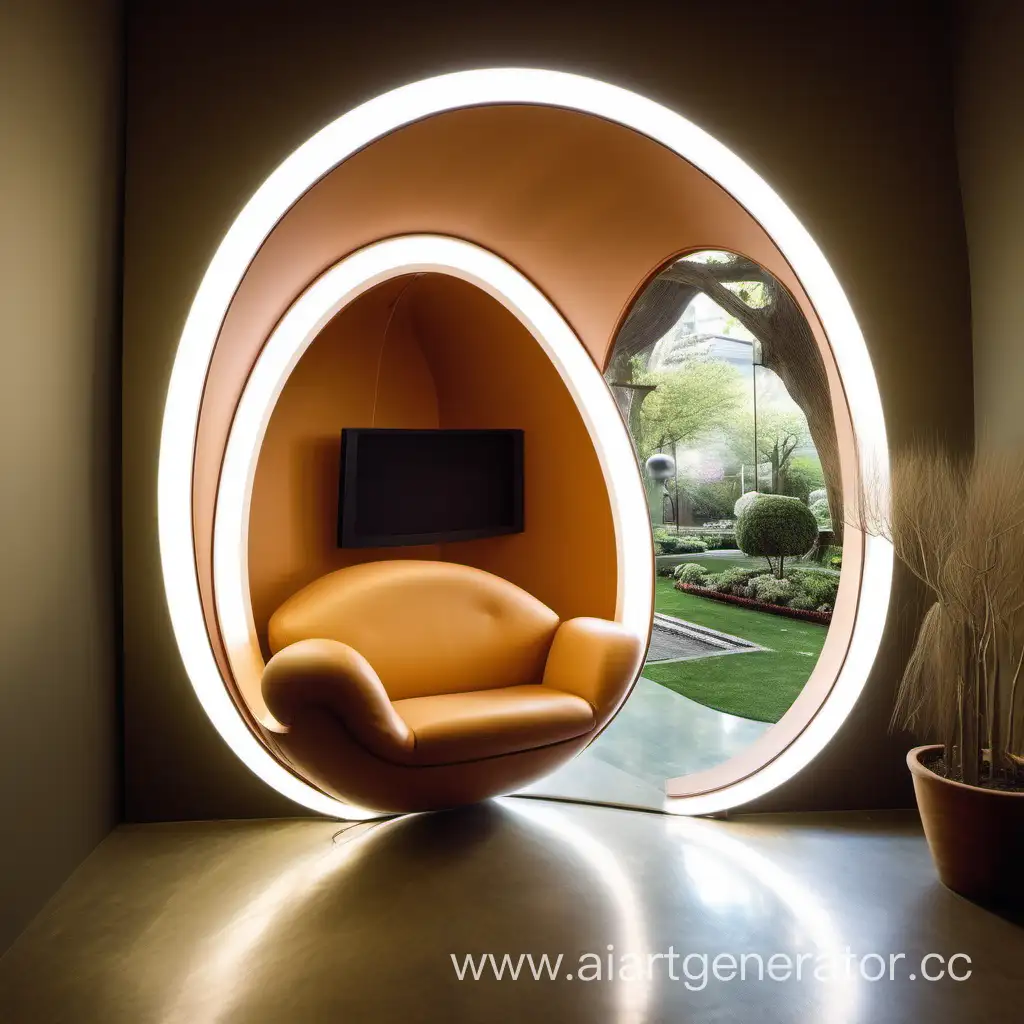 small egg-shaped room inside with decor reflecting a park with stereo screen and lighting
