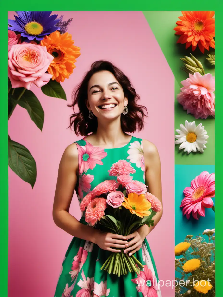 Collage, colorful background depicts floral motifs. In the foreground, a smiling woman in a dress holding flowers in her hands. Next to her, space for description. A poster maintaining a bright, joyful color scheme with accents of pink and green, space for description on the right side and at the bottom.