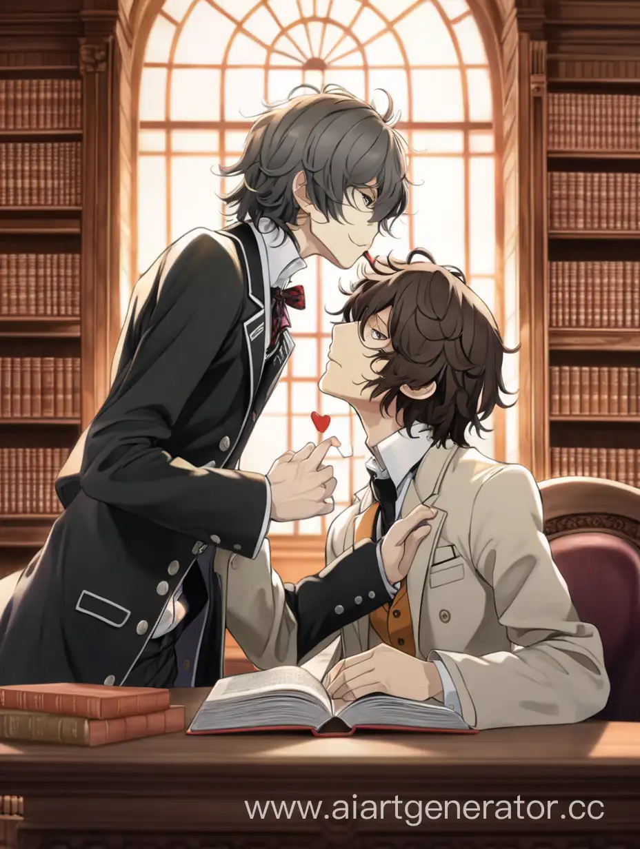 Ranpo-and-Poe-Romantic-Kiss-in-Cozy-Library-Bungou-Stray-Dogs-Fan-Art
