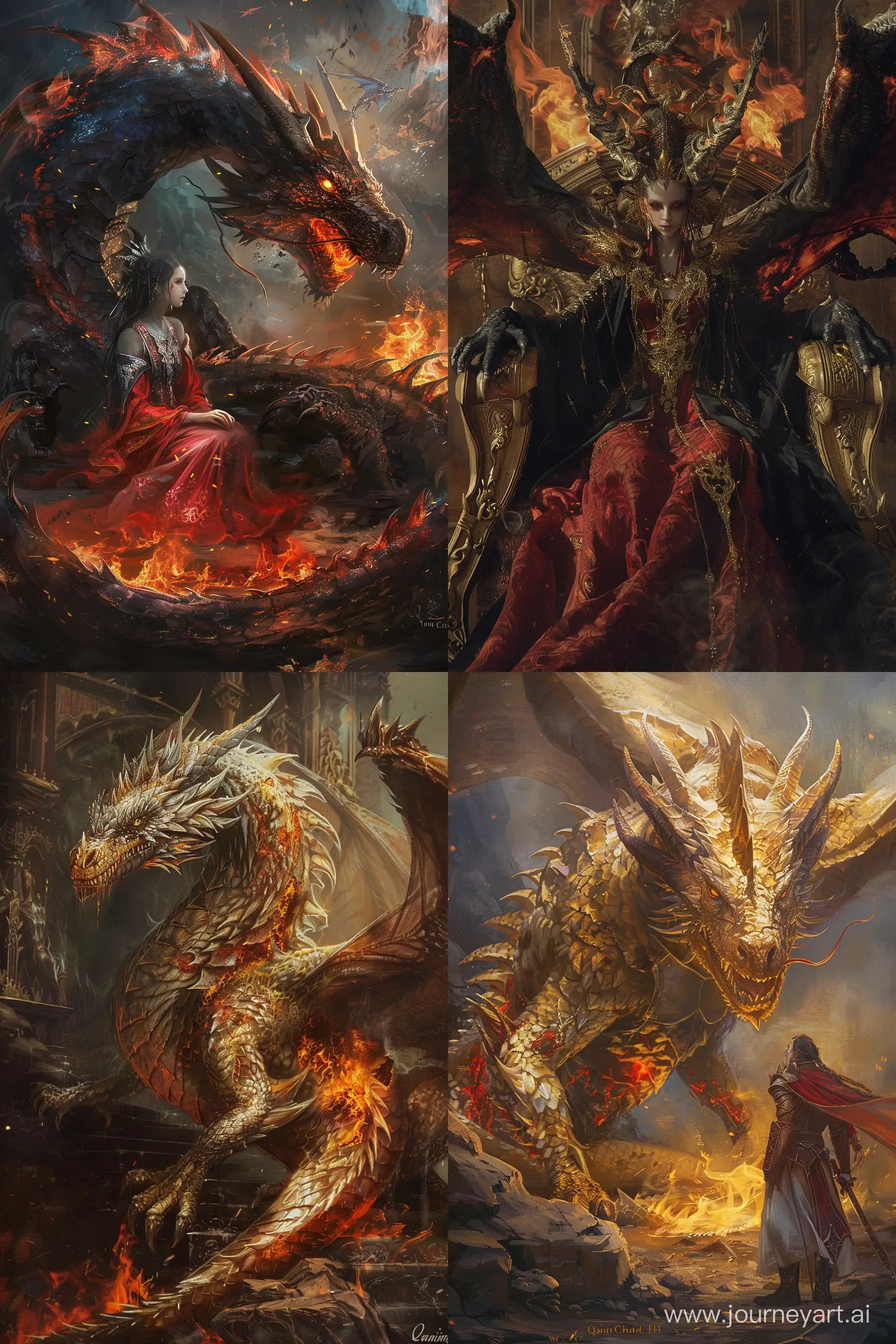 dragons of Elotri, a new artwork for dragon, in the style of Guo Pei, Eve Ventrue, wealthy portraiture, burned/charred, Yanjun Cheng, majestic figures, Qajar art --ar 85:128 --v 6 --ar 1:1 --no 26253