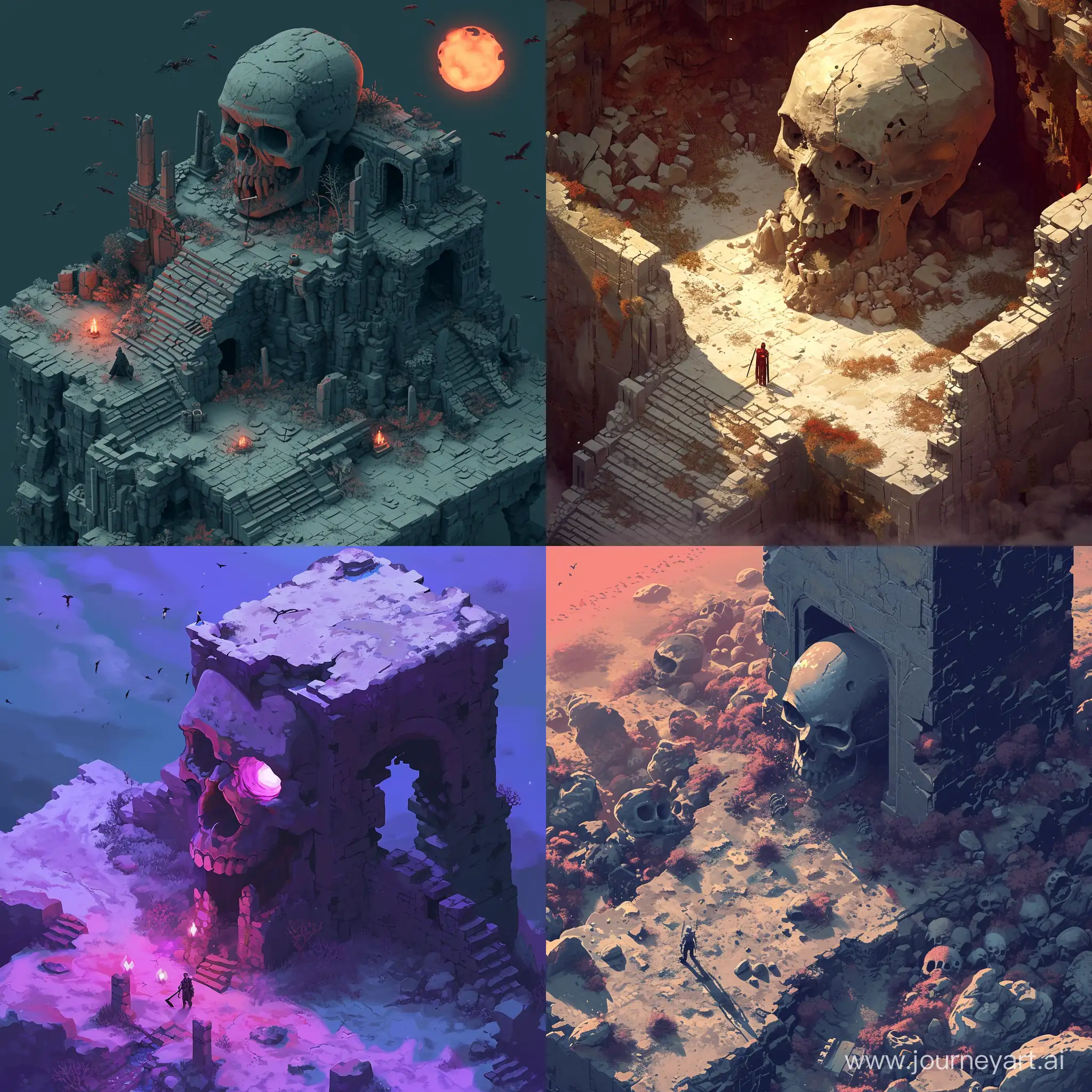 Warrior-Confronts-Giant-Skull-in-Desolate-Land-at-Dusk