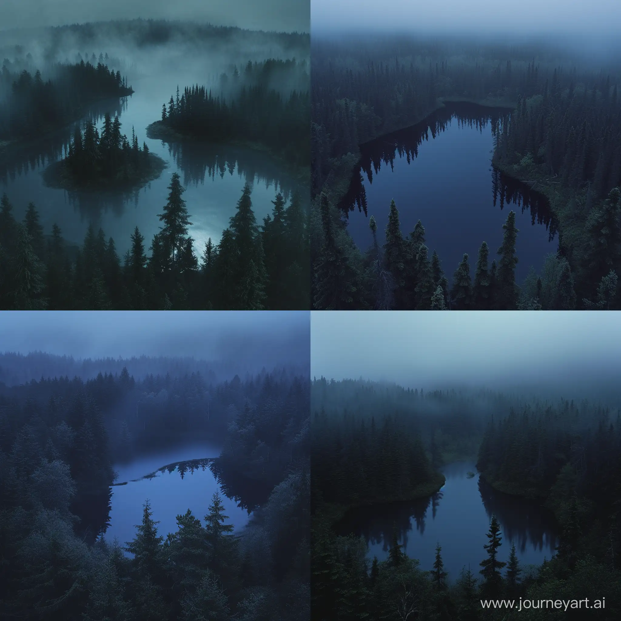 Ночь, туманный еловый лес. Посередине леса два небольших озера, соединённых проливом