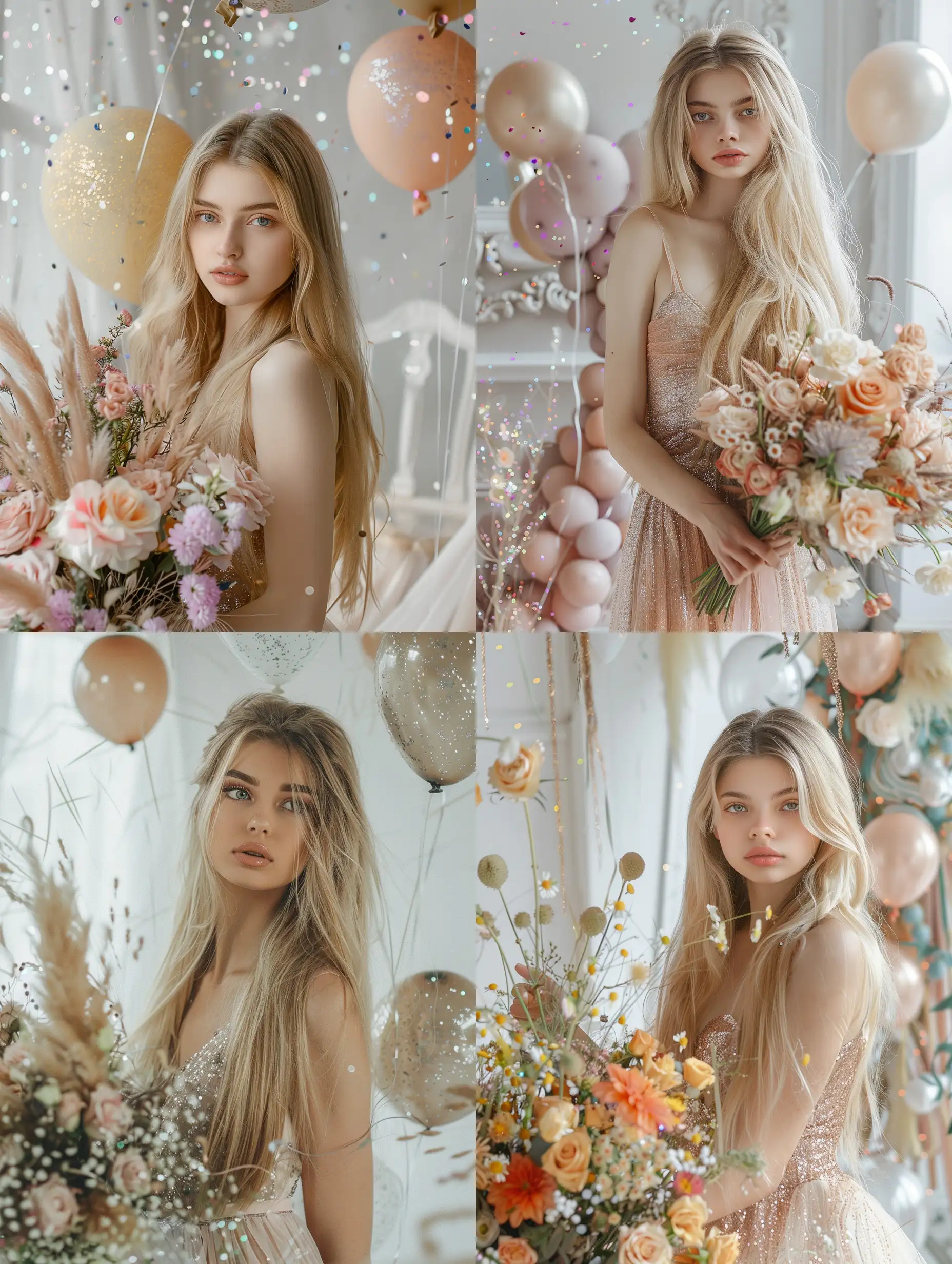 Blonde-Woman-Holding-Lush-Bouquet-in-Glittery-Studio-Setting