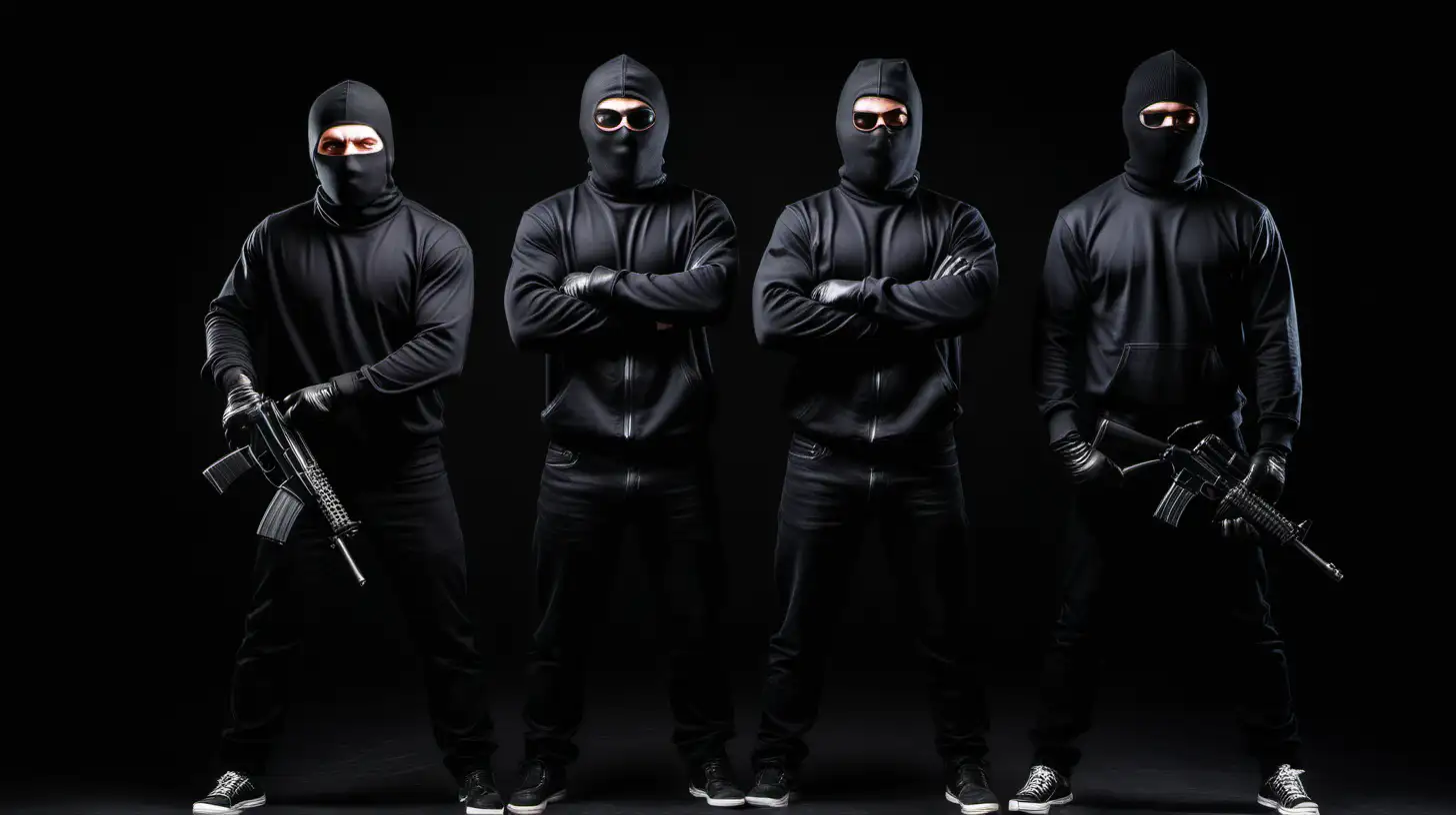 Four bank robbers with balaclava. 
 All black. Studio background. Hero pose. Full body
