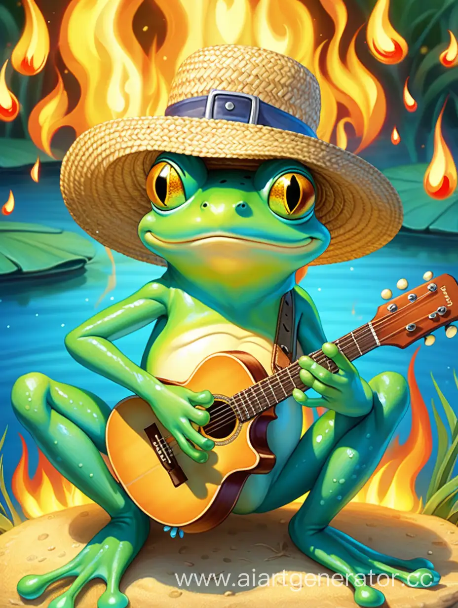 Лягушонок с гитарой в соломенной шляпе греется у синей-зелёного огня