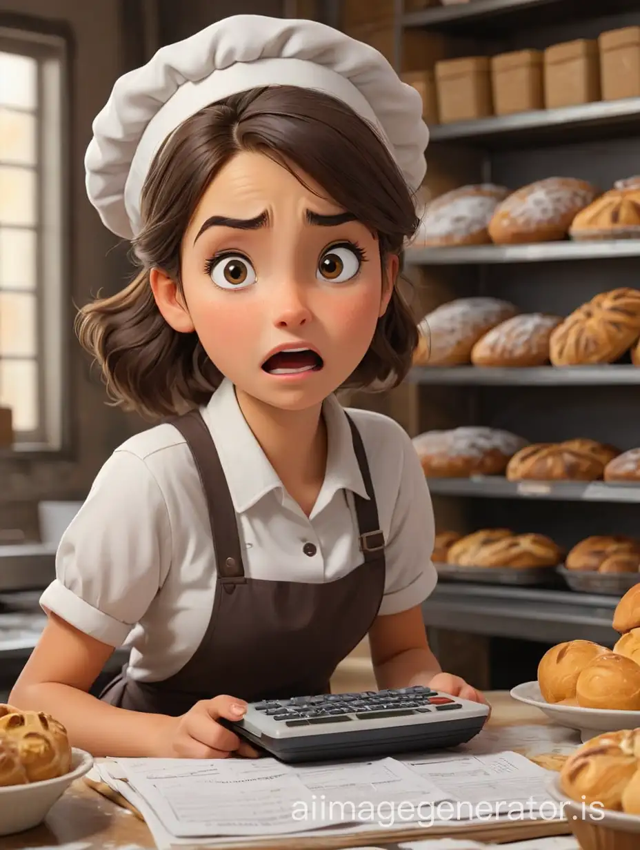 Bakery baker girl confused and calculator and invoices