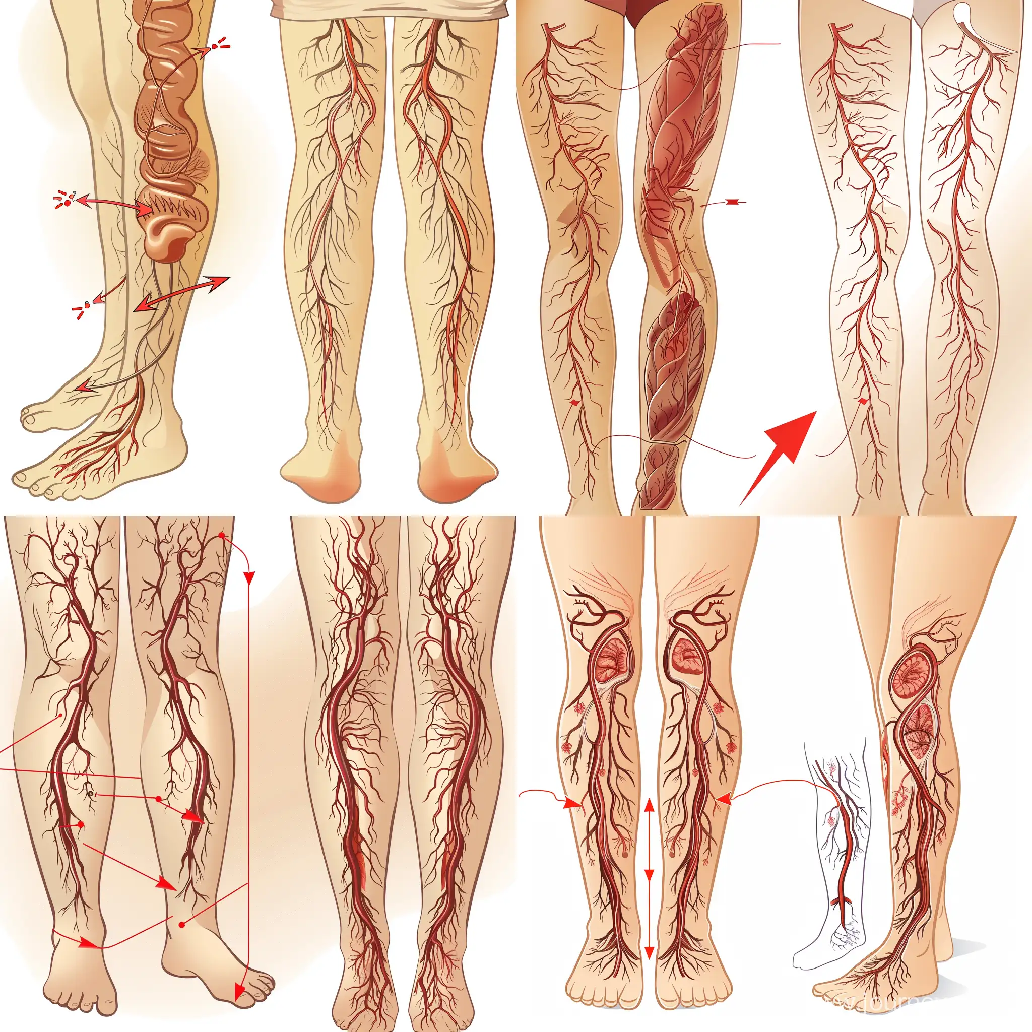 The image is made in the style of a vector drawing. The image features a person's legs with varicose veins, accompanied by a diagram of a healthy leg. The varicose veins are marked with red arrows, highlighting the issue. This image can be used to educate people about the importance of maintaining good leg health and the potential consequences of neglecting it. The diagram of a healthy leg serves as a visual representation of the desired outcome, emphasizing the need for proper care and prevention. This image can be used in various contexts, such as promoting leg health products, raising awareness about varicose veins, or encouraging regular exercise and self-care routines to maintain healthy legs.
