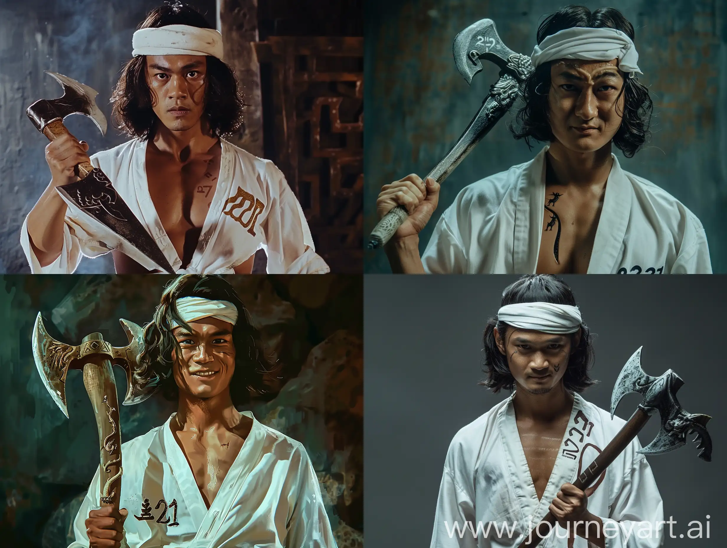 An Indonesian warrior, 25 years old, with a humorous face, shoulder-length black hair, a white headband, white shirt with his chest open in a v shape, on his chest is the writing "212", holding a short, double-edged ax with a dragon-shaped handle. movie style, full body shot.