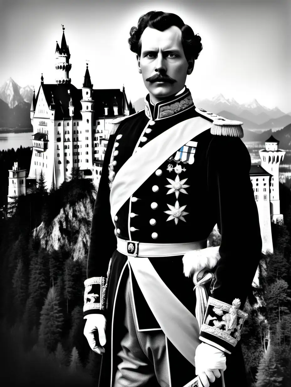 King Ludwig II of Bavaria with Neuschwanstein Castle in Realistic Black and White Photography