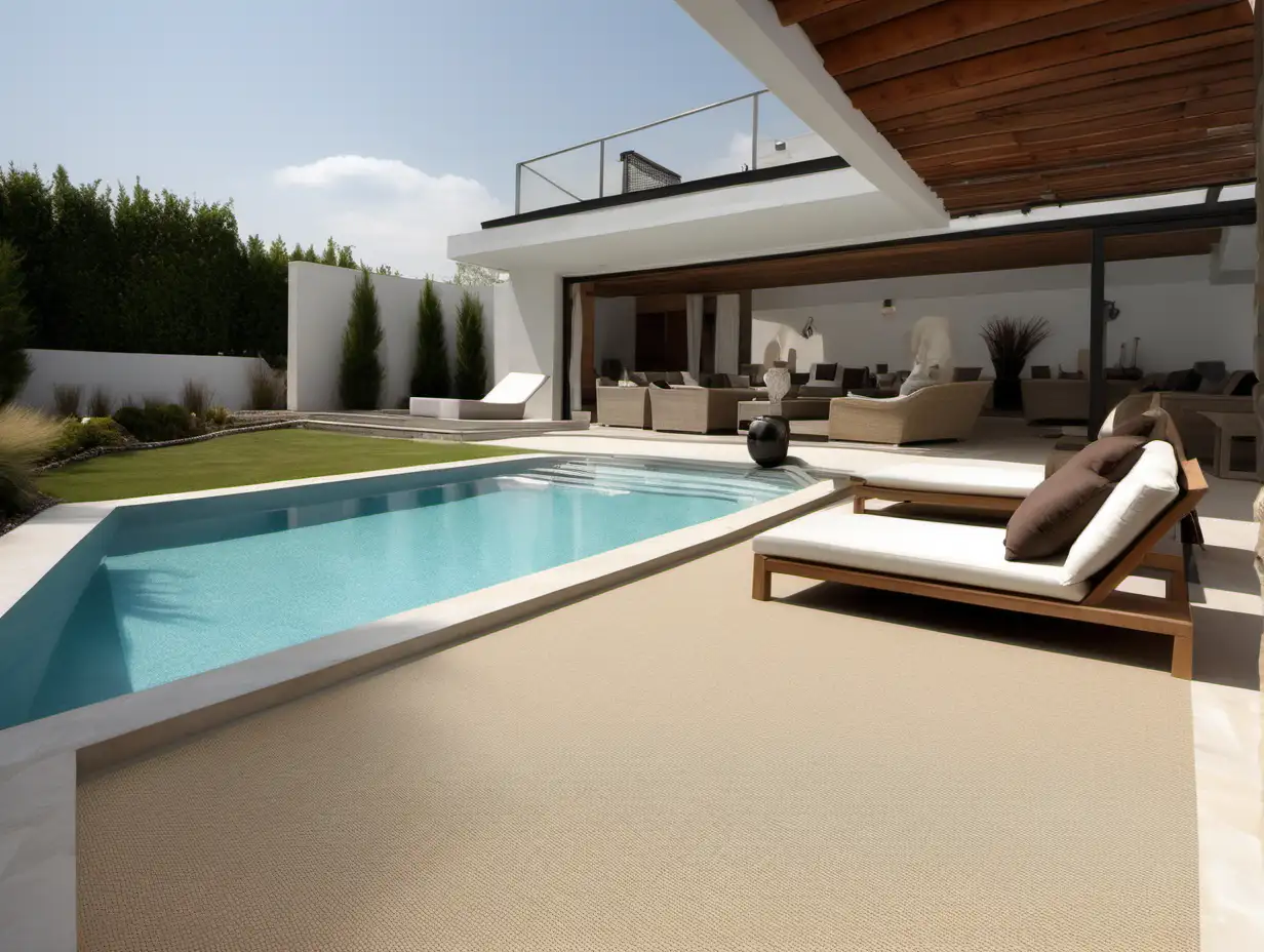 terrasse piscine moquette de pierre grains très fins sable extérieur maison toit déco soleil 