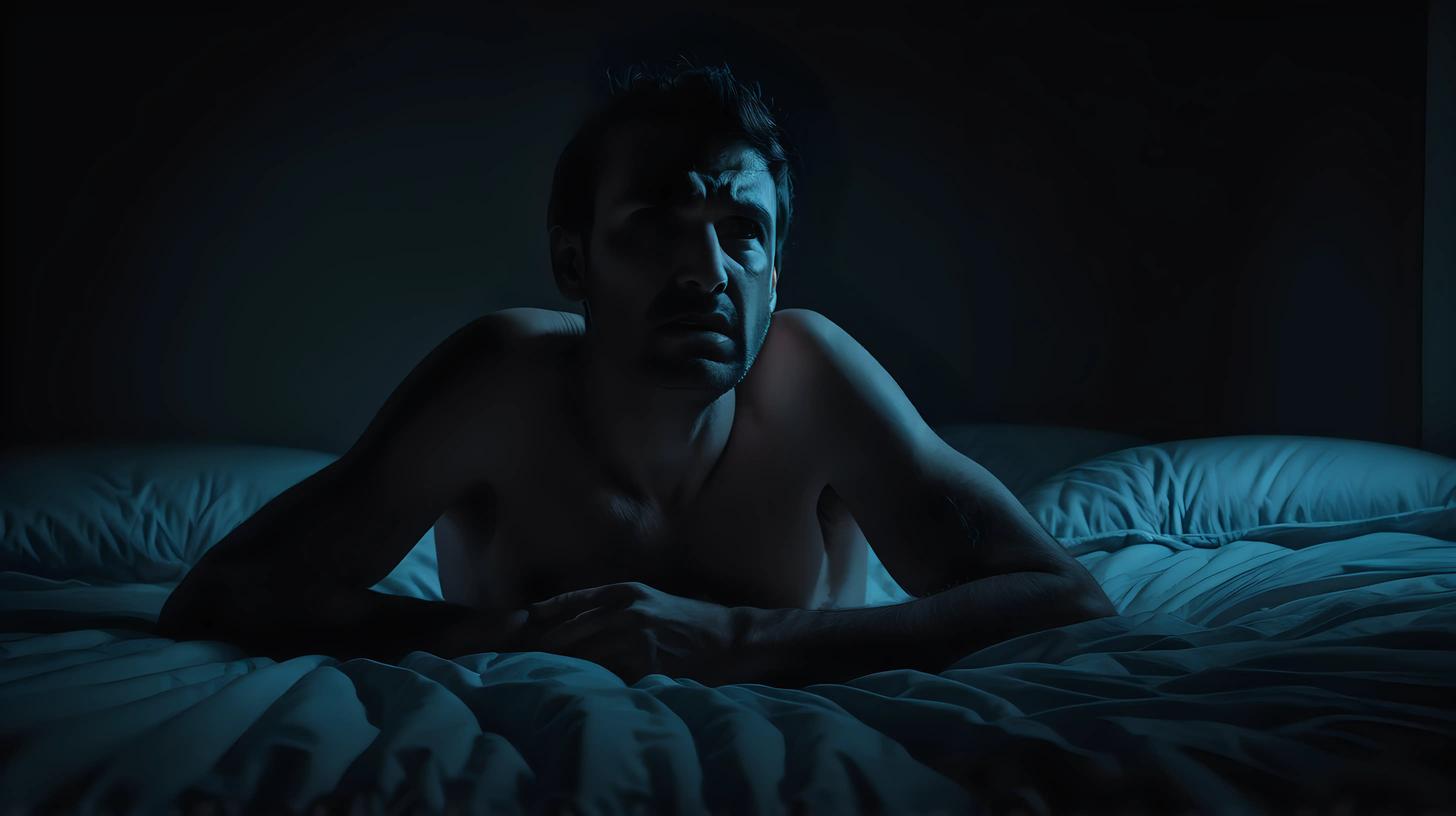 suffering man on bed in dark room 