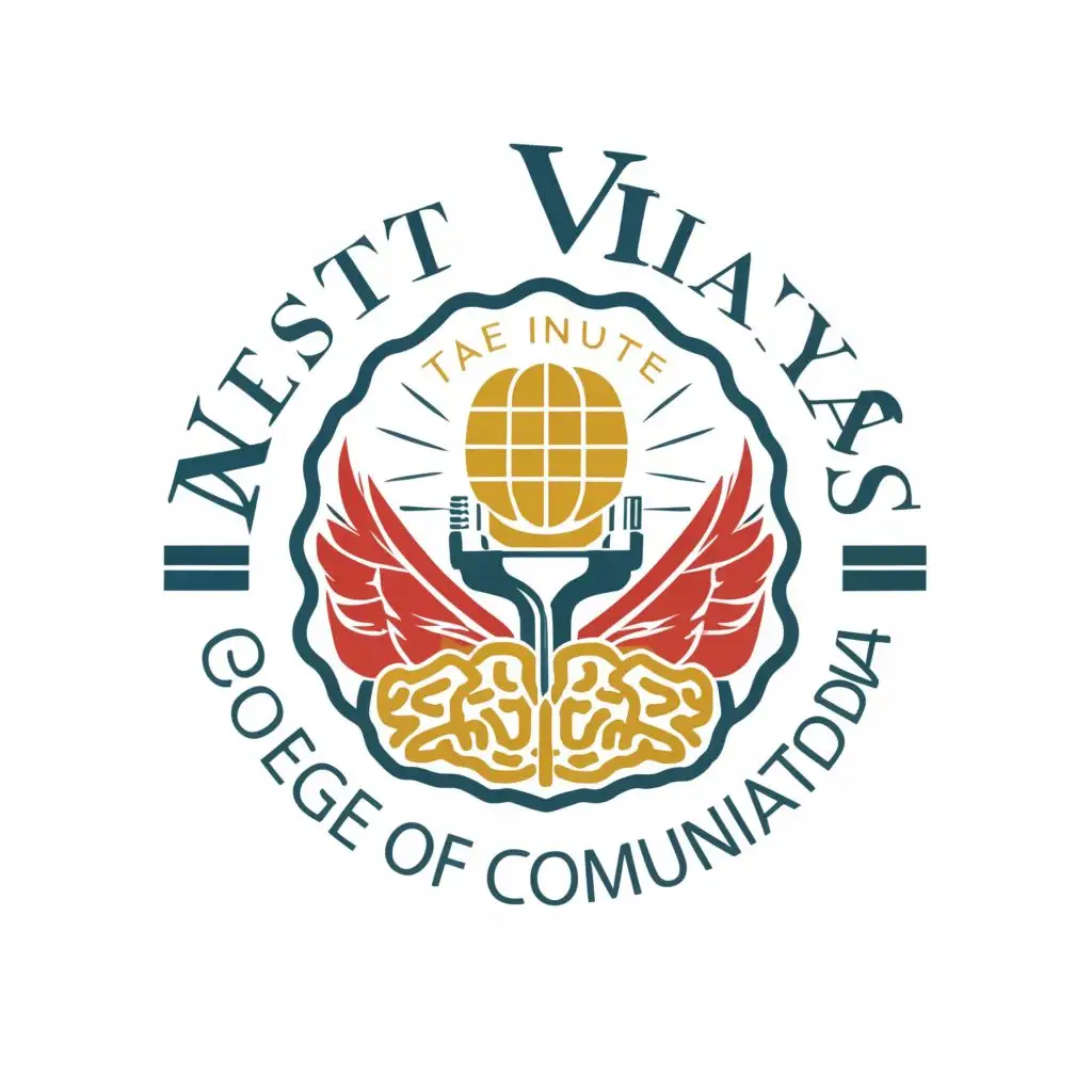 logo, microphone, pen, paper, brain, with the text "west visayas state university college of communication", typography, be used in Education industry