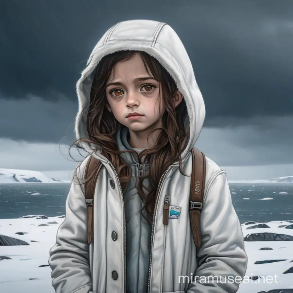 FuturisticClad Girl with a Soft Expression in an Arctic Coastal Ambiance