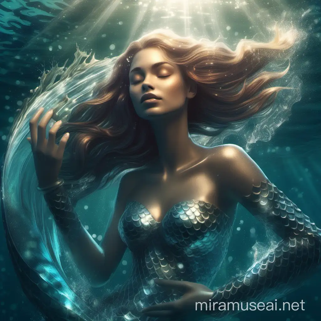 Serene Mermaid with Diamond Forehead and Heart Gesture in Sparkling Waters