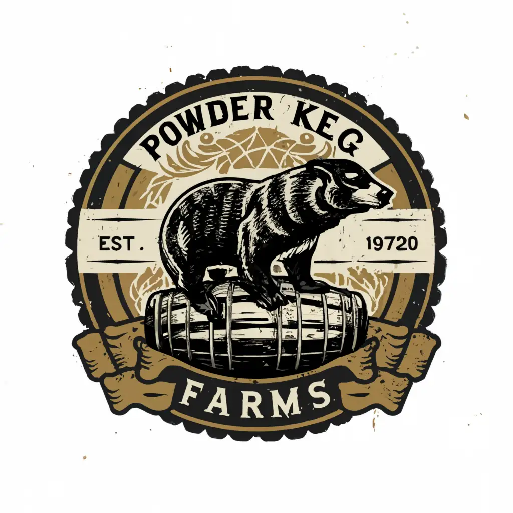 a logo design,with the text "Powder Keg Farms", main symbol:A honey badger on a wine Keg,Moderate,be used in Retail industry,clear background
