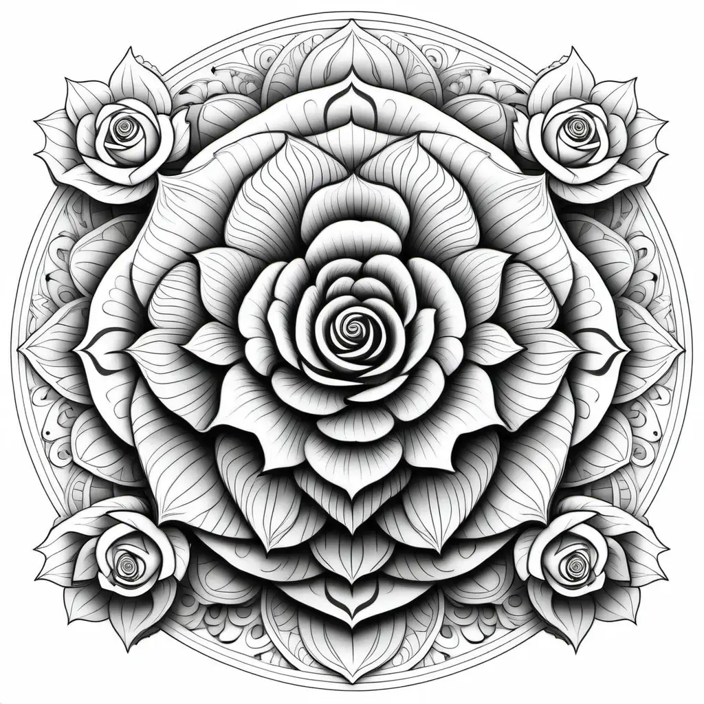 adult coloring book, black and white, best linework, no color. 3D illustrated portait of highly detailed, perfectly symmetrical mandala with floral details and centered realistic blossom of rose