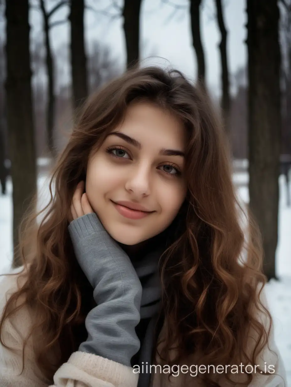 Photo of Michela, an Italian prosperous girl just came back home from college with brown wavy hair relaxing in Lithuanian winter