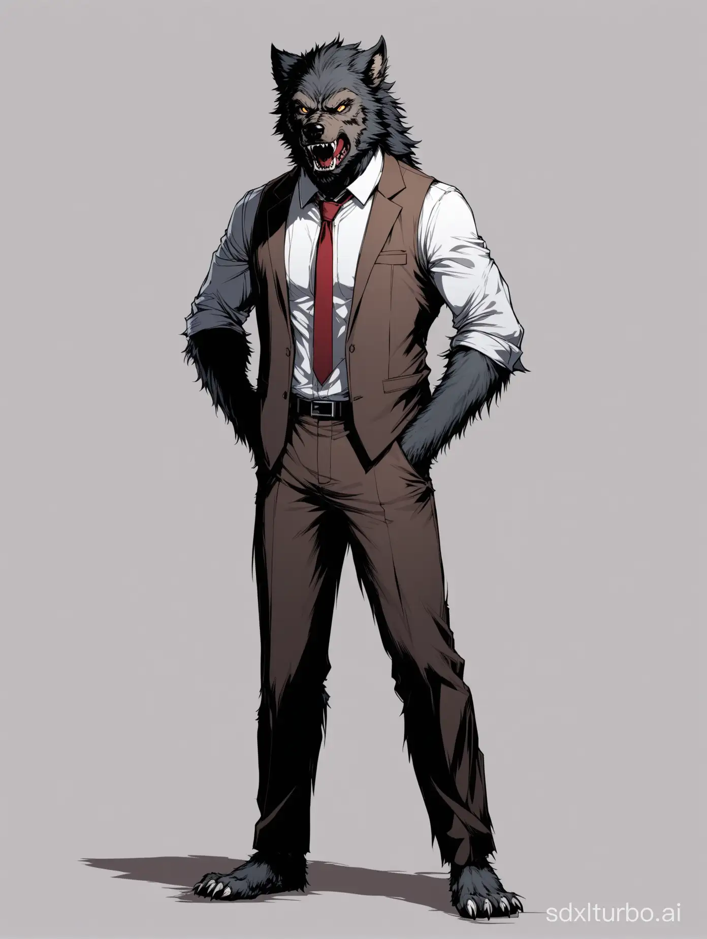 Werewolf office worker standing against a blank background
