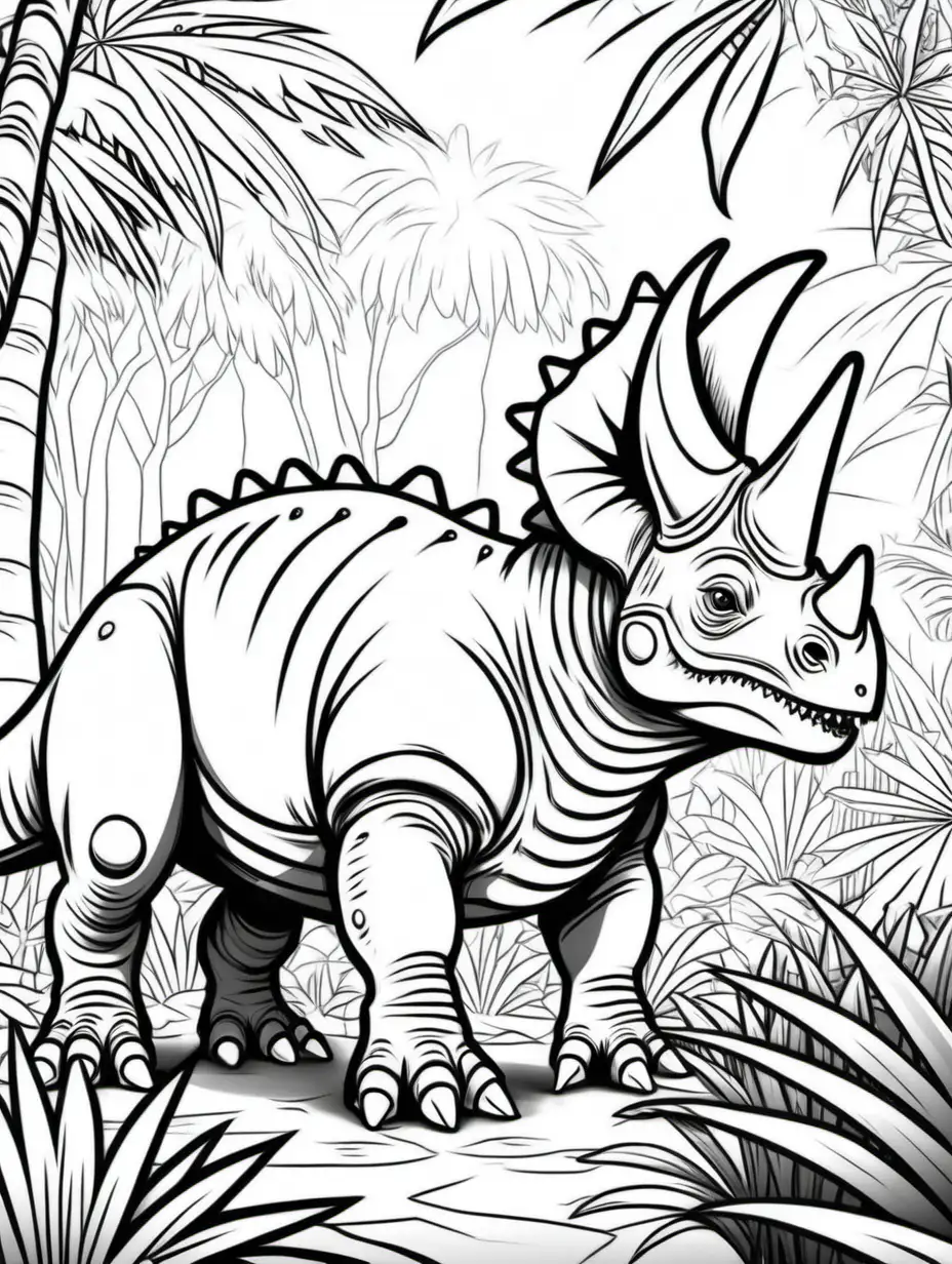 coloring page for kids, a Bagaceratops in a jungle, cartoon style, thick lines, low detail, no shading -- ar 9:11 --v5