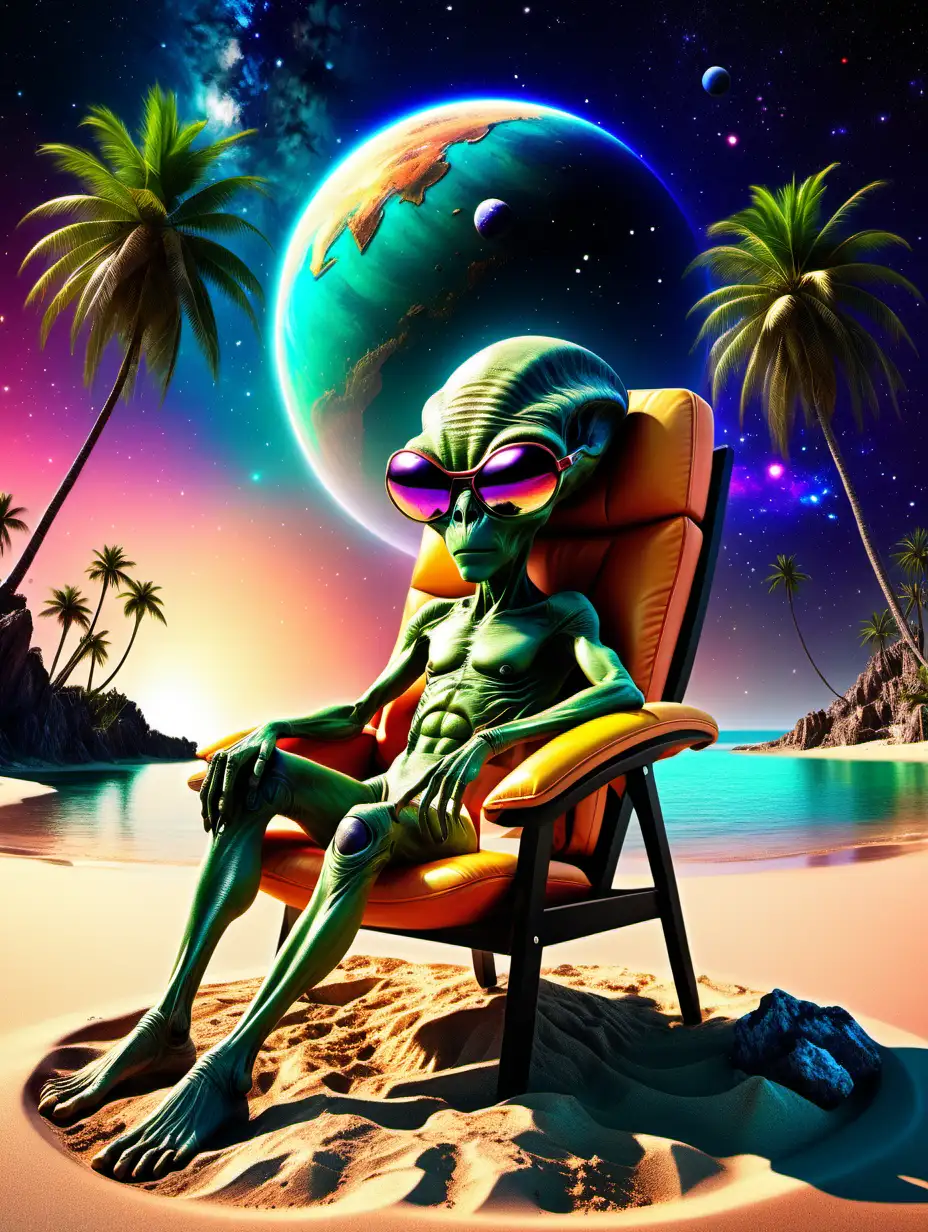 an alien iun sunglasses lounges in a chair on an island with palm trees and a sandy beach is shown on a planet in outer space with a beautiful colorful sky with stars and planets