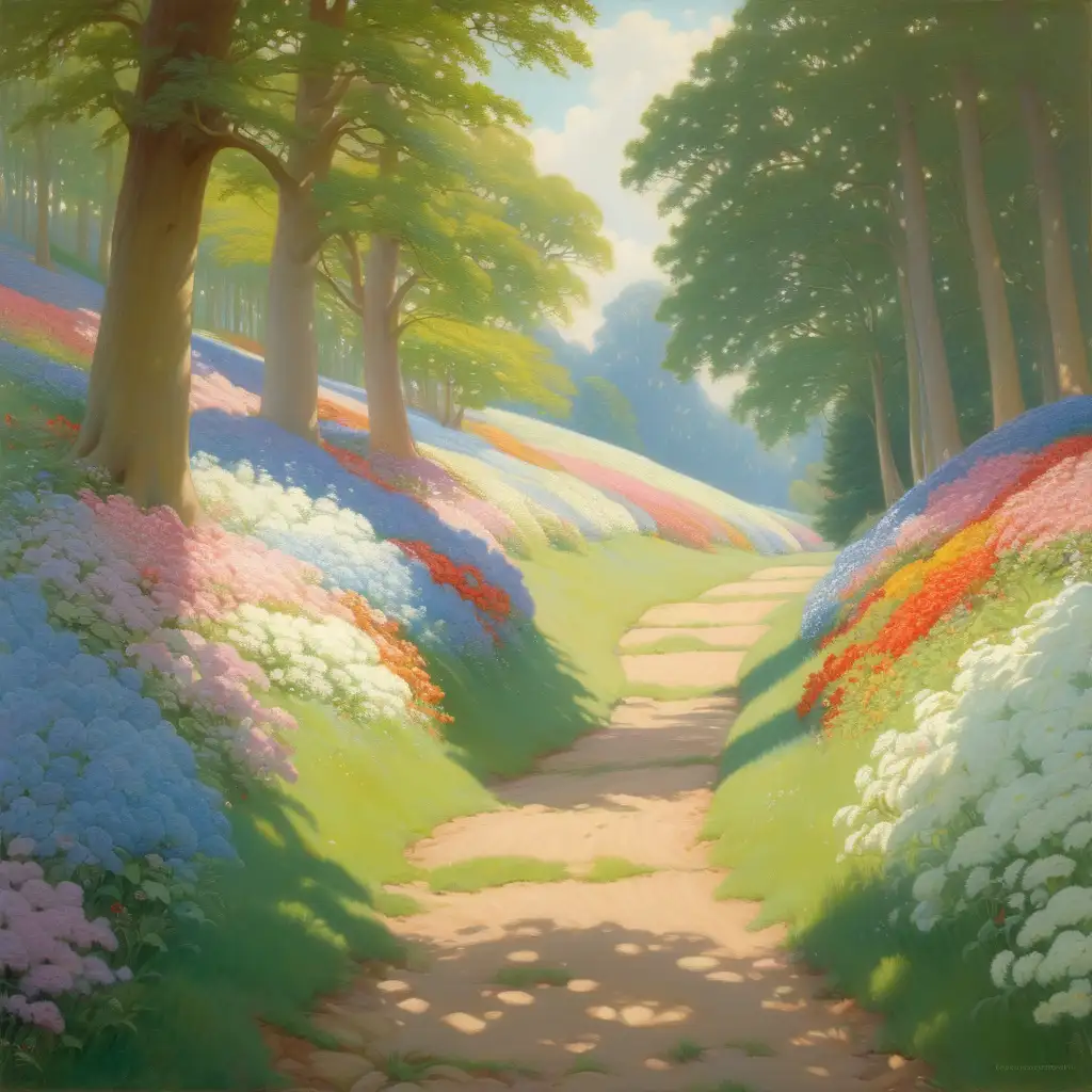 Serene Landscape Painting with Blooming Flowers Meandering Path and Playful White Rabbit