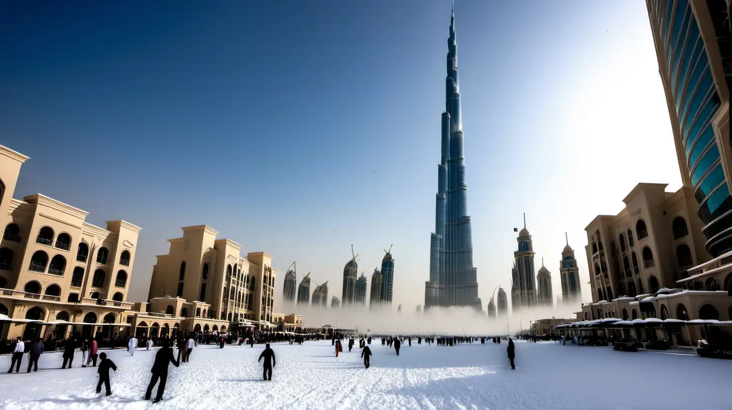 dubai down town with burj khalifa in snow dramatic scene full of people playing with snow