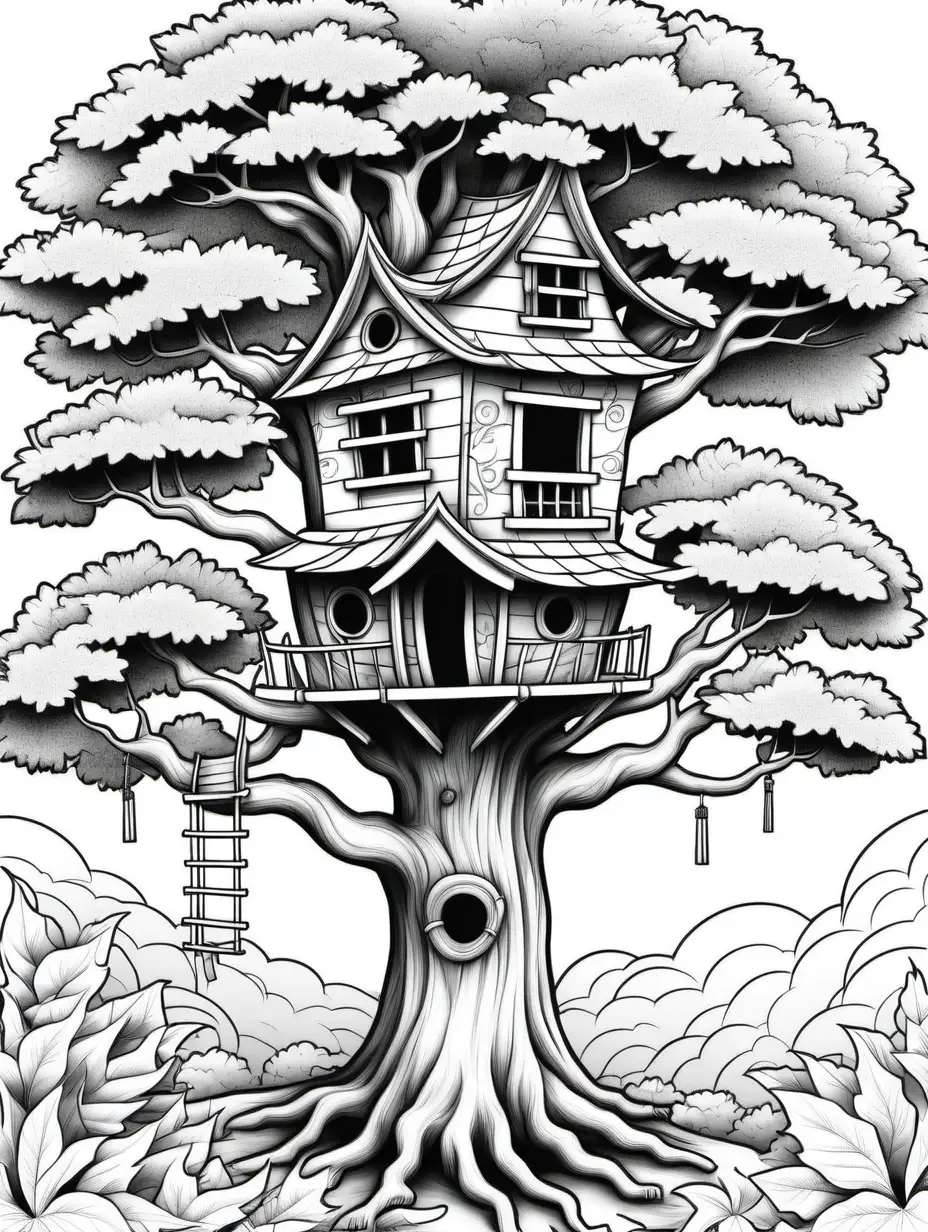 a  tree house  coloring book, oriental style, black and white, oak tree, individual leaves, no shading, no background, thick black outline