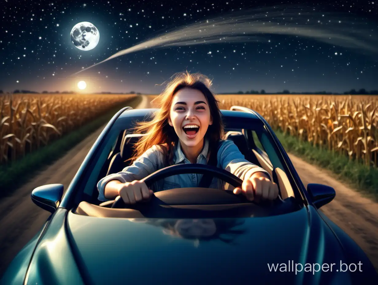 The cheerful girl behind the wheel of a rapidly speeding car on a country road in a cornfield under the starry sky with a shining moon