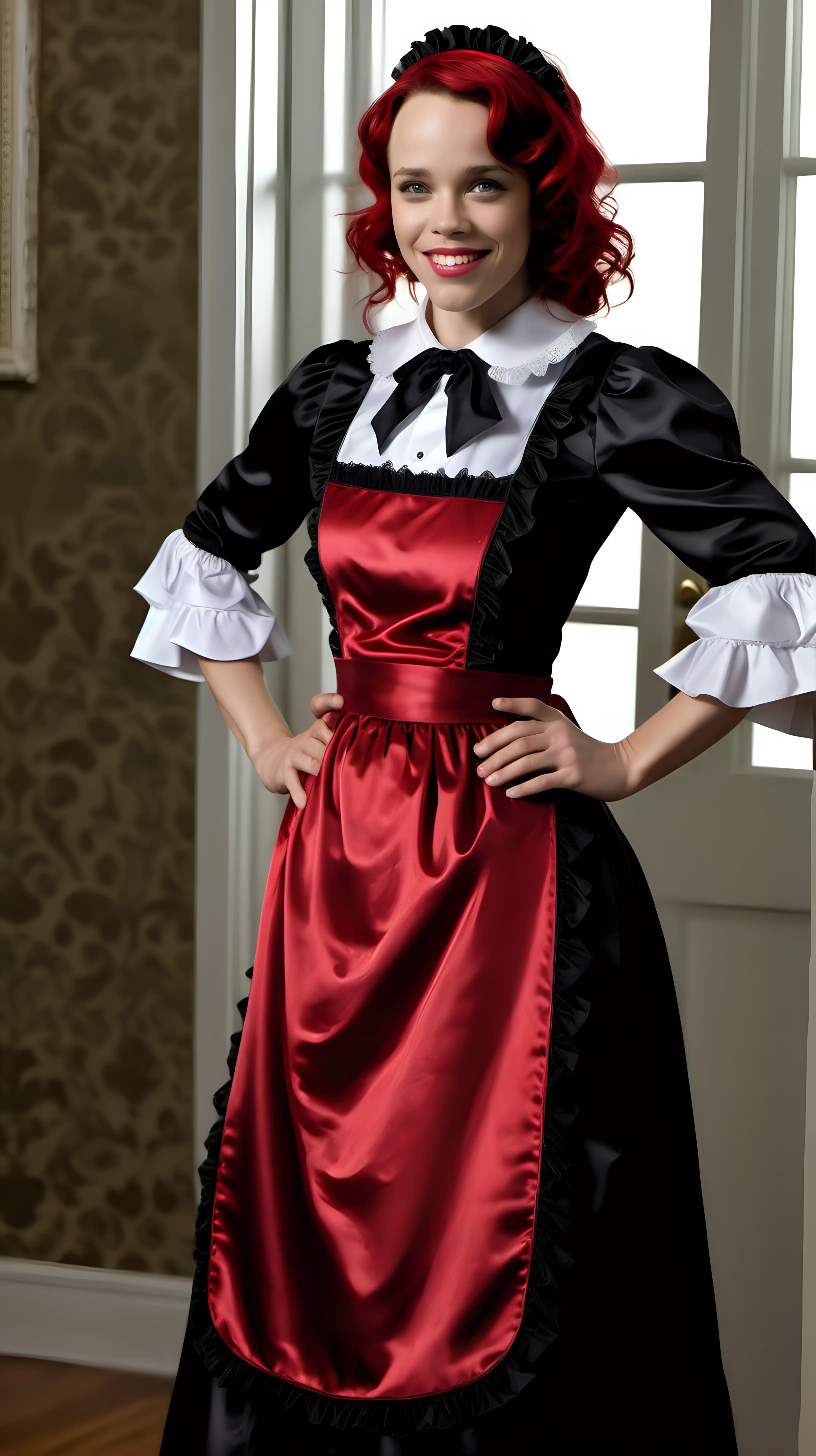 girls in long crystal silk satin red black lila retro victorian maid gown with red apron and peter pan colar and long and short sleeves costume and milf mothers long blonde and red hair,black hair rachel macadams  smile in big house