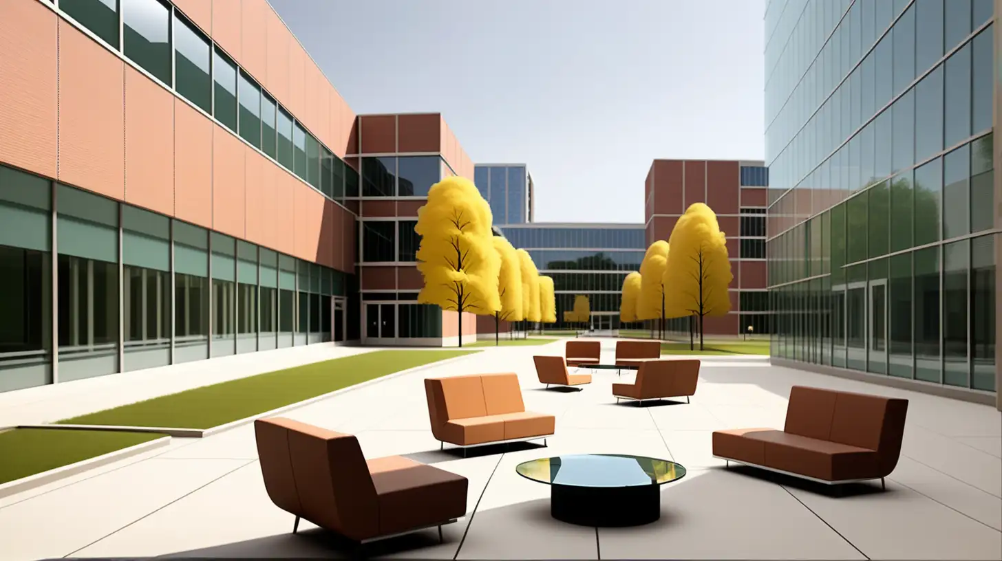 university campus with modern furniture and glass panel buildings