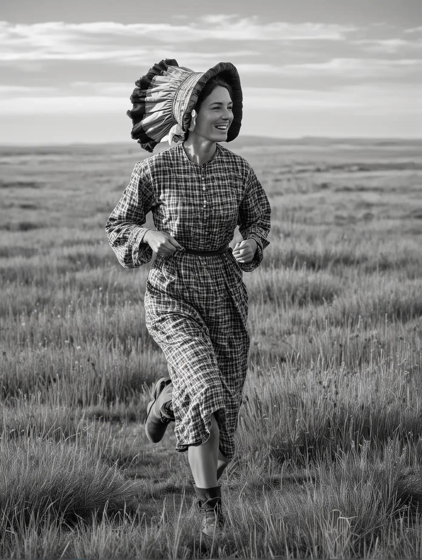 A woman runs through the prairie. She is a pioneer and wears a bonnet. There are buffalo in the background. she is seen from the side. In black and white. 