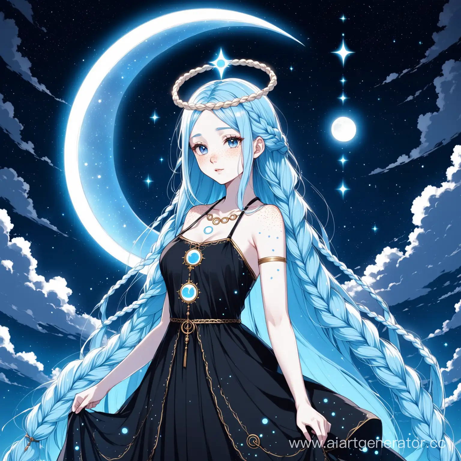 1 women, Her light blue hair is braided in a long braid, Pale skin with freckles, Blue eyes, Dark layered dress with Moon symbols, A crescent-shaped halo, Deity, anime