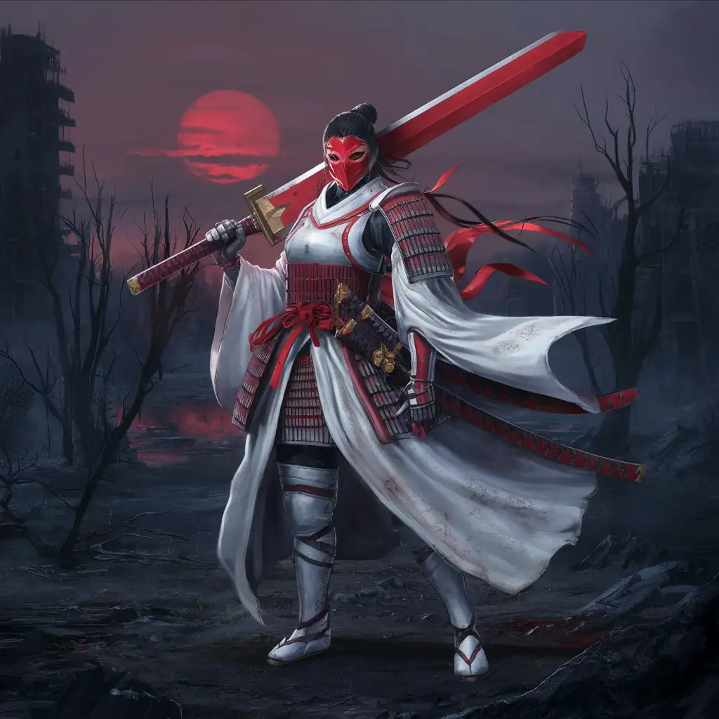 Elegant Female Samurai Roaming a PostApocalyptic Wasteland in Striking White and Red Palette