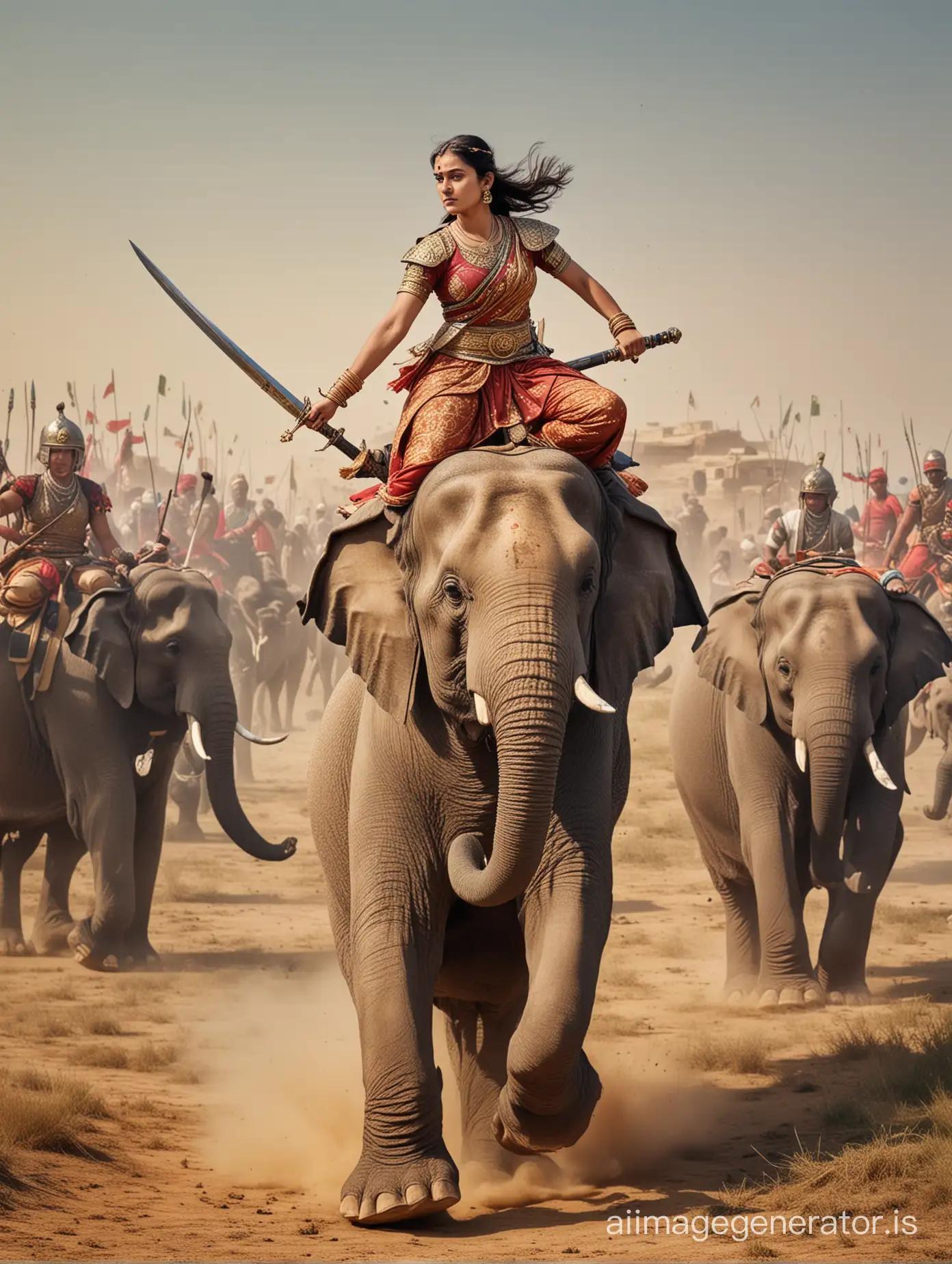 Female warrior seated on elephant with sword and javelin and elephant is attacking on large Mughal army in battle field. Background is dangerous and war going.