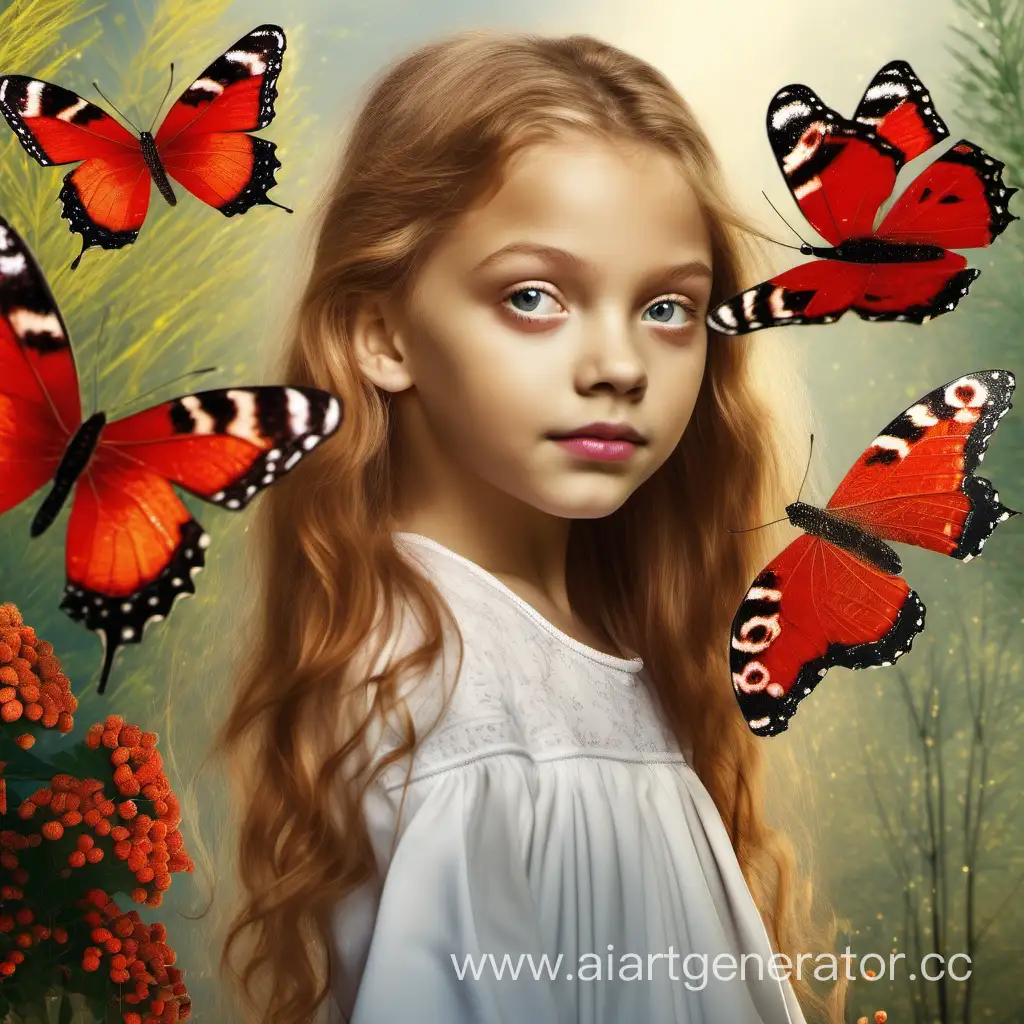 Молодая девушка, очаровашка, на фоне рябины и бабочек