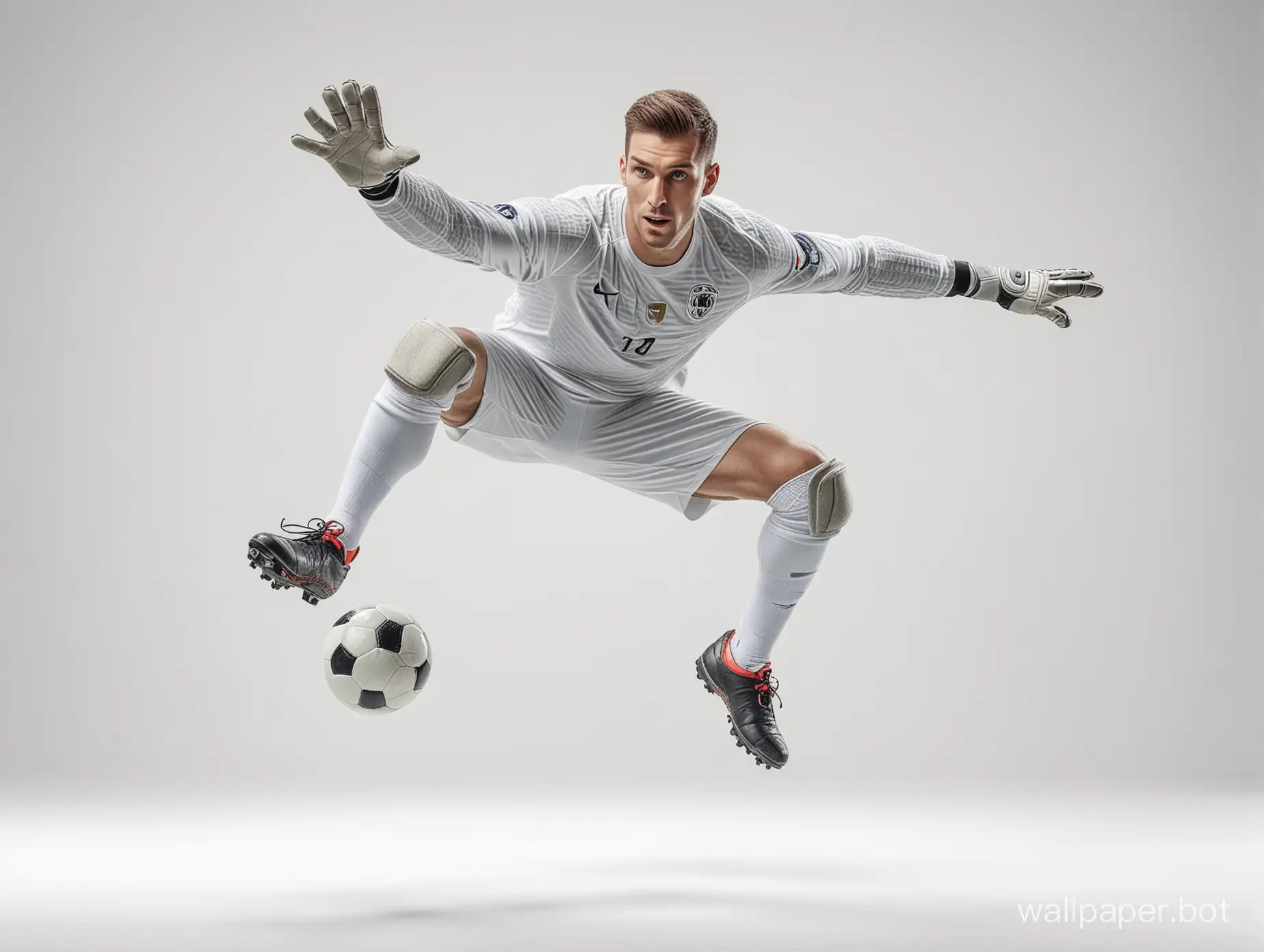 The soccer goalkeeper jumps to deflect the ball. character. high detail. white background