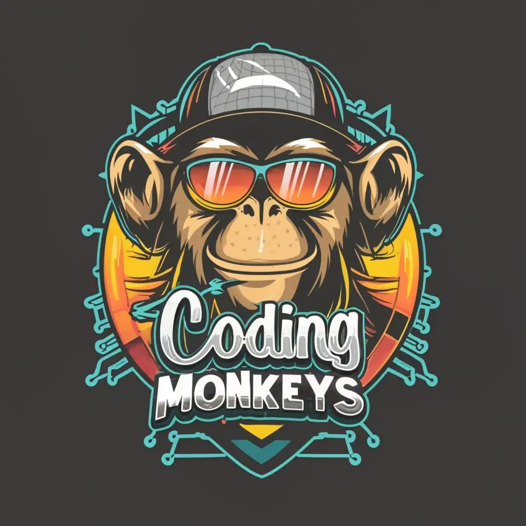 logo, cool smiling robot monkey with sunglasses and cap, with the text "{ Coding monkeys }", typography