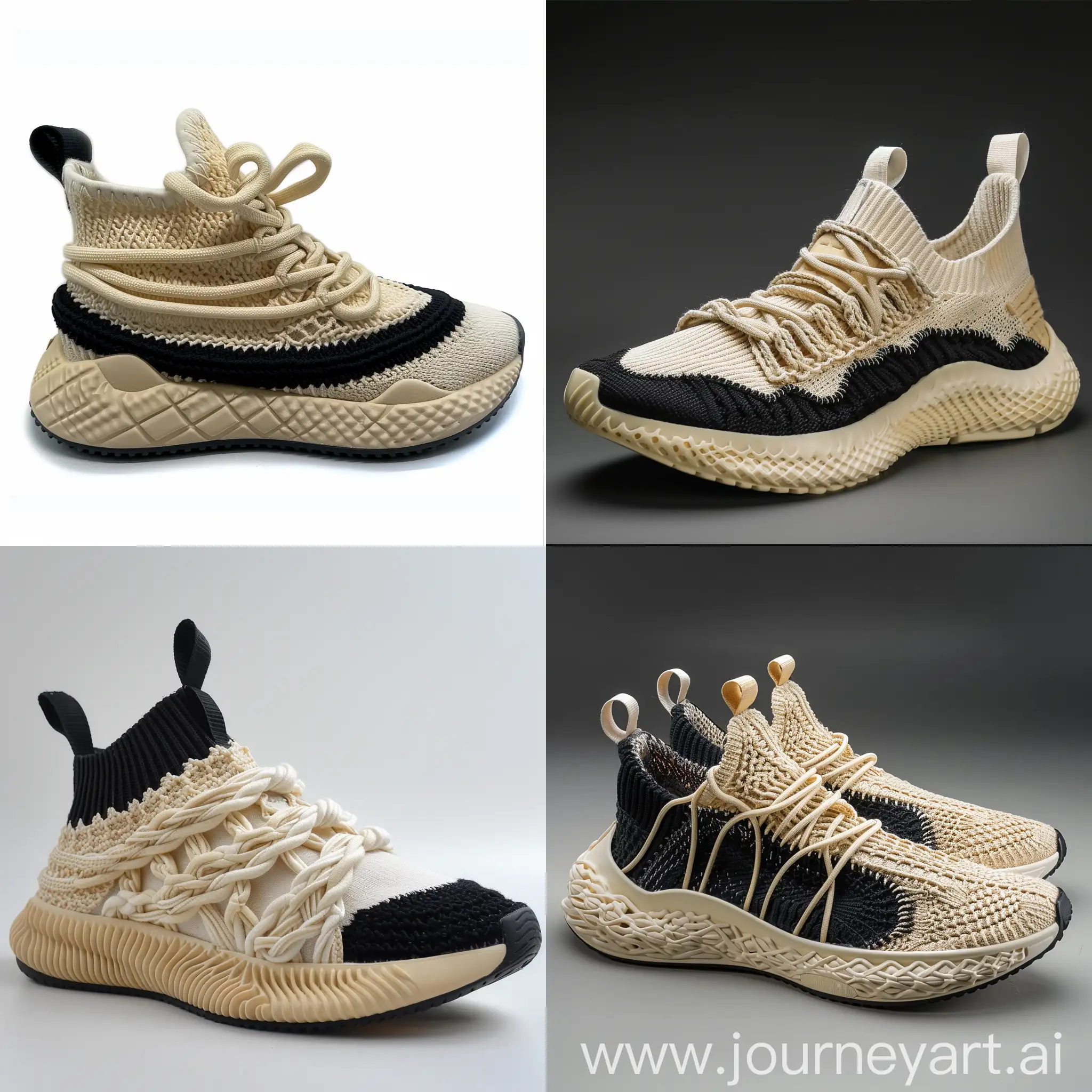Sneakers design , running and sports , inspired by knitted fabrics , cream color rubber midsole , knitted cables on midsole , some knitted cables on upper , upper color black and cream , low neck , black outsole , knitted laces ,
Beige tail