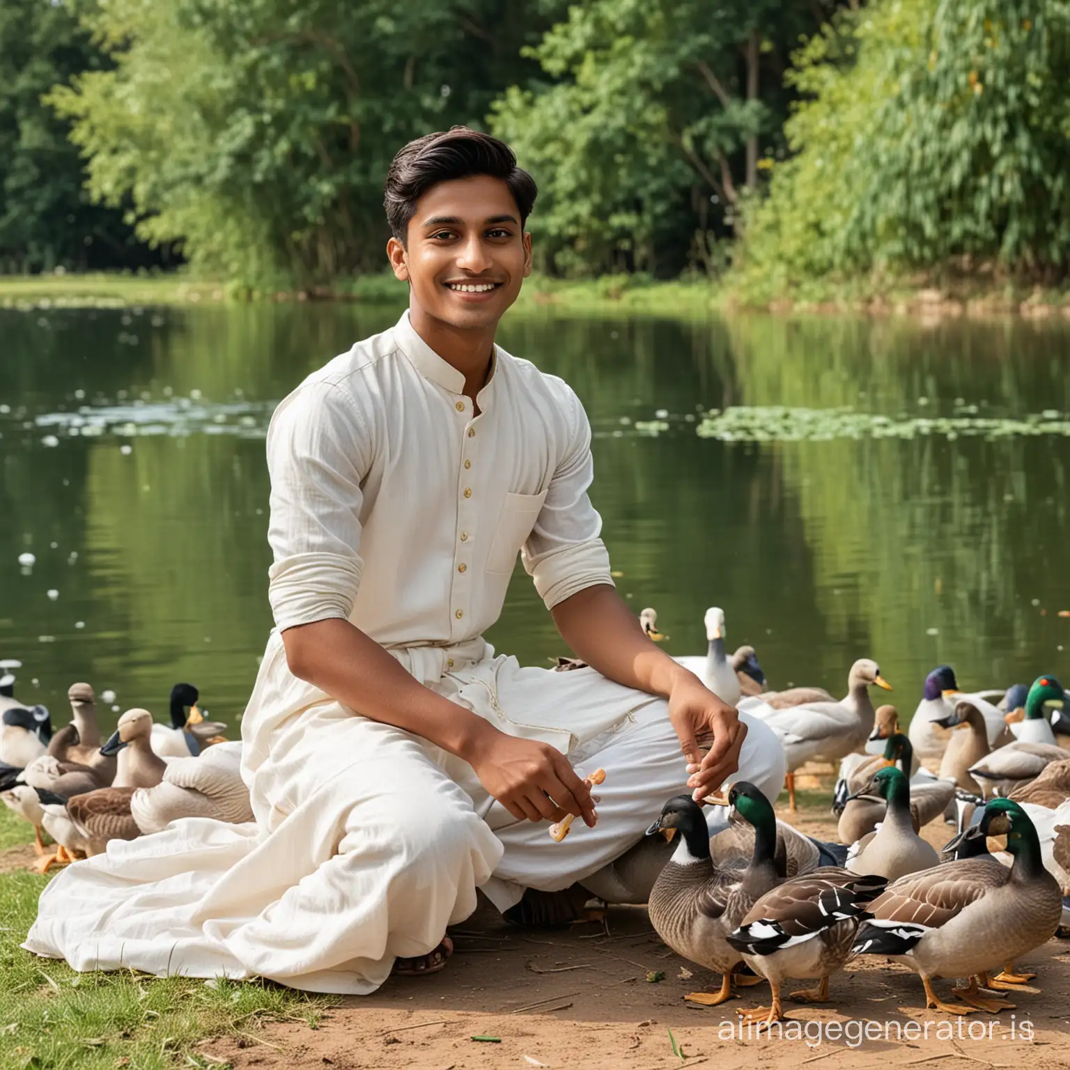 A 26 year old indian boy well dressed is sitting near a clean lake and feeding ducks. he is able to see there is 24 year old girl coming towards him in a white dress smiling
