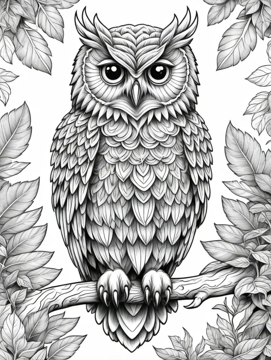 Detailed Owl Coloring Page for Adults with Thick Lines