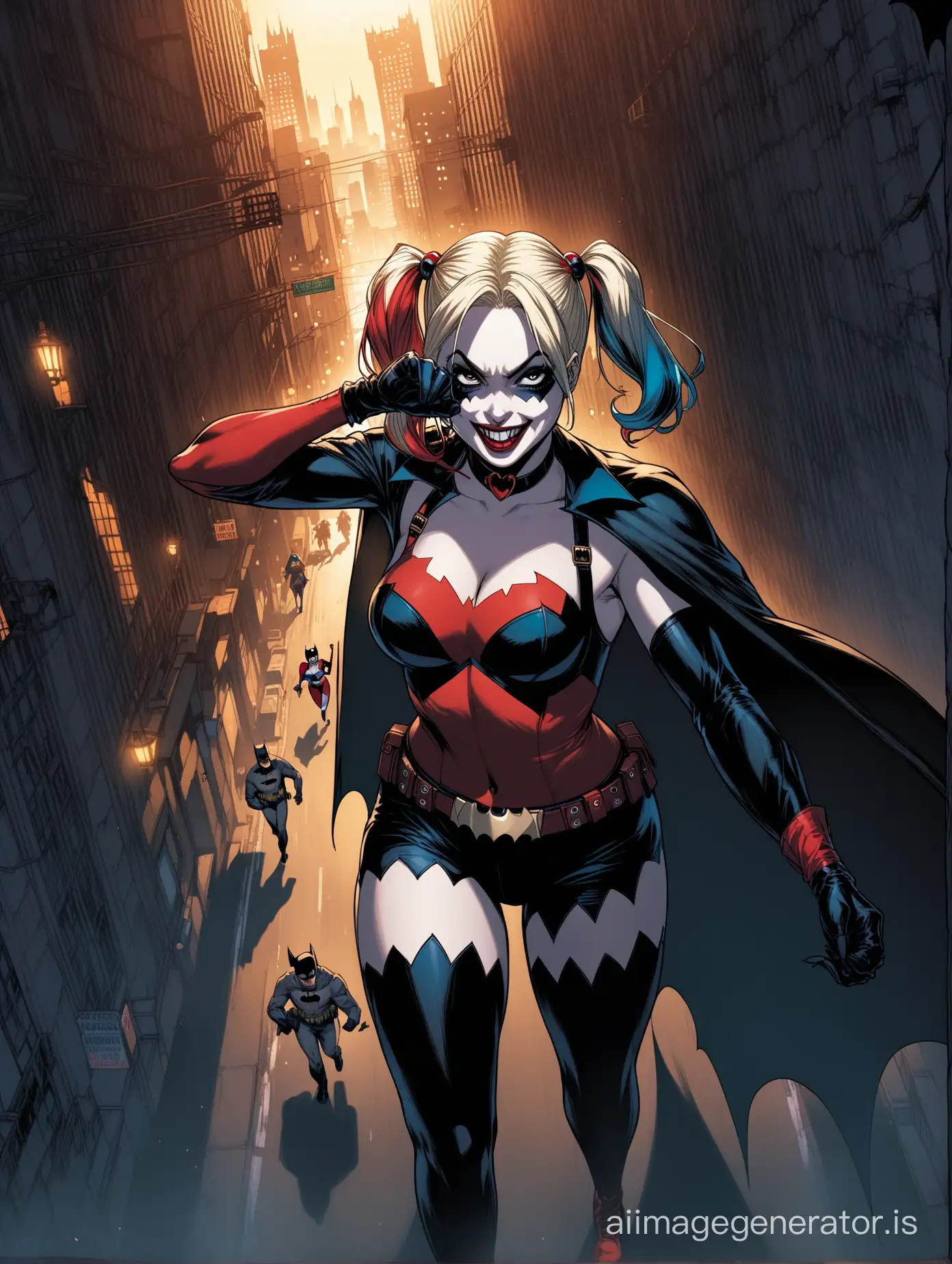 Harley Quinn wreaking havoc on the streets of Gotham, Batman lurking in the shadows.