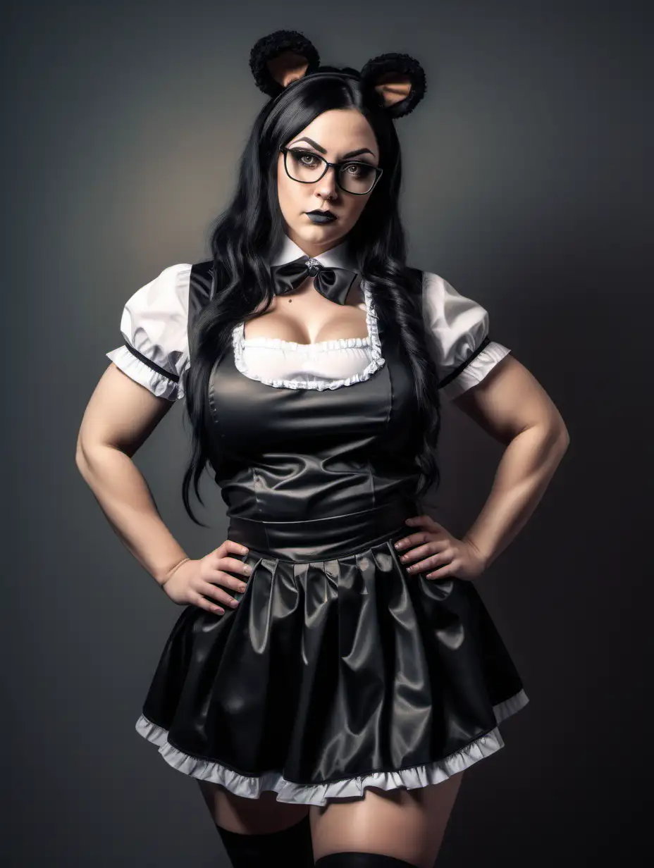 full body sporty, muscular, curvy woman who looks like Emma Mackey with long black hair, wearing a black french maid outfit and cosplay brown bear ears, toned, glasses, calm and determined.
