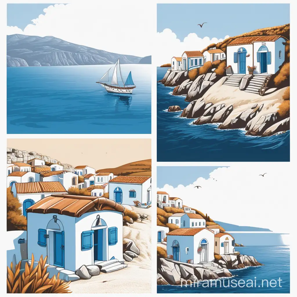 Create Aegean 4all  text, a hut, illustration, in three -four colours 