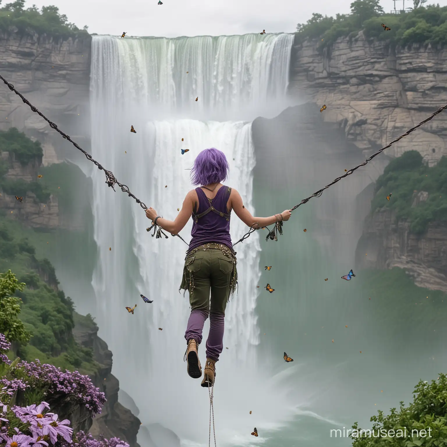 a girl with purple hair and green clothes with gold studs walking over Niagara falls on a tight rope with butterflies and dragonflies chasing her
