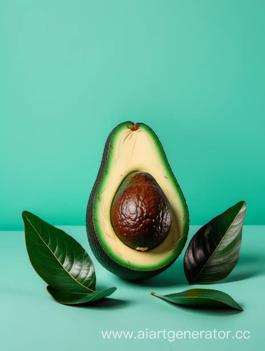 big Avocado with leaves on light turquoise background