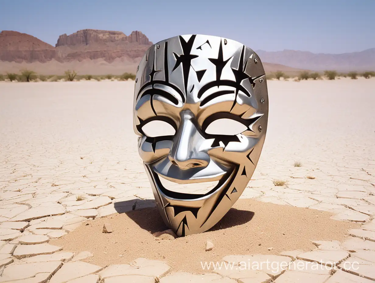 Расколотая маска комедии лежит посреди пустыни 