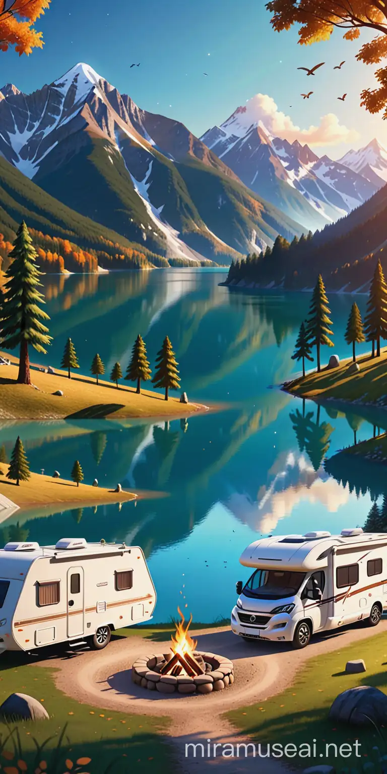 
stwórz widokówkę grafikę w animowanej tematyce pole kempingowe z samochodem kempingowym z alkową jezioro las i góry ognisko 