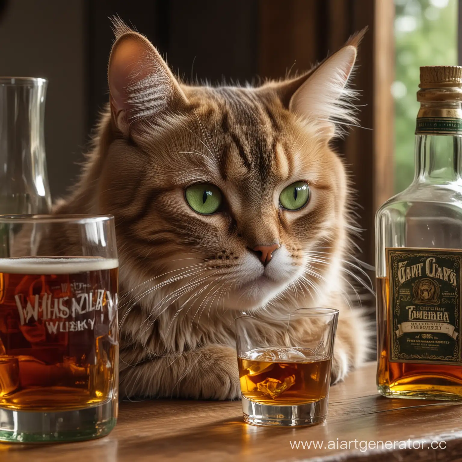 Pensive-GreenEyed-Cat-Surrounded-by-Whiskey-Bottles