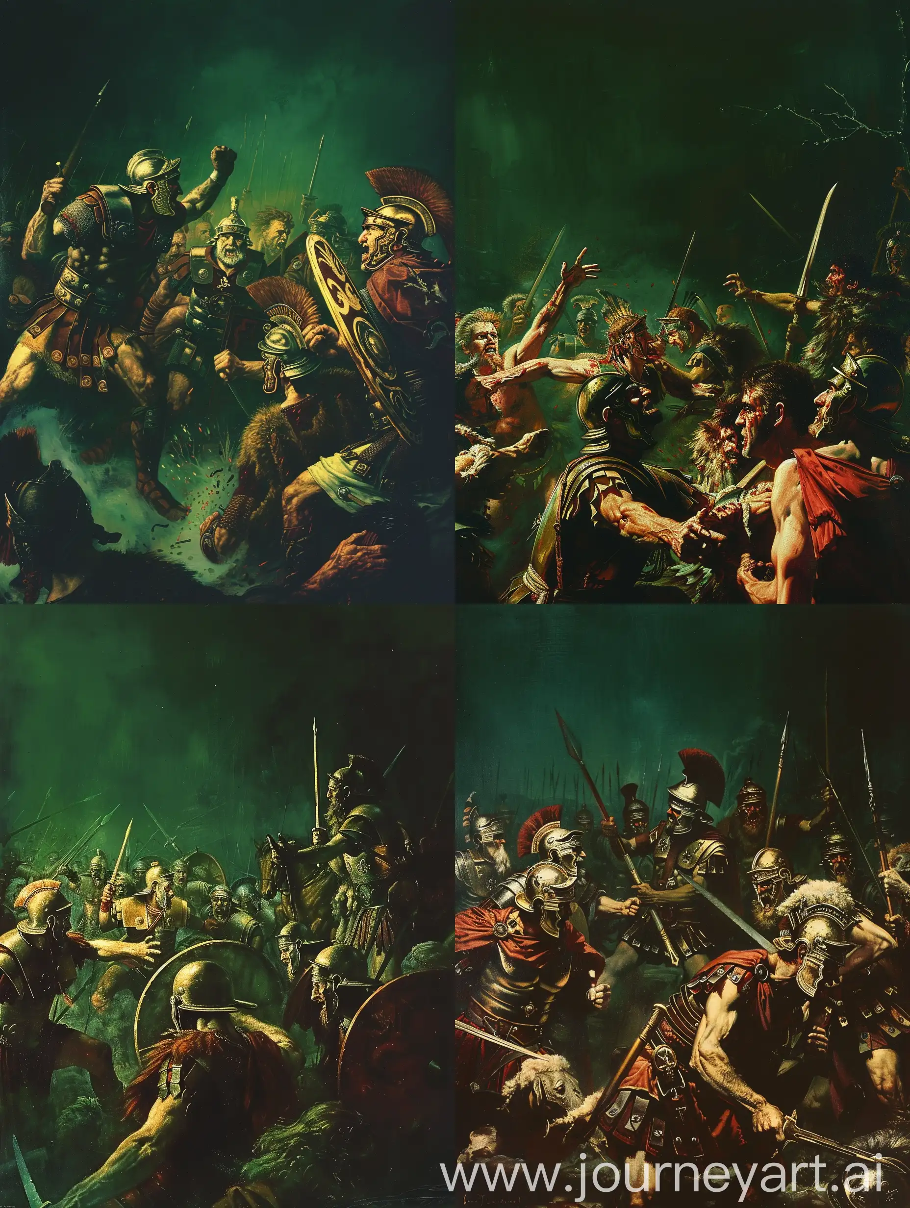 A painting of a Roman legion fighting a Germanic tribe. The background is dark green.