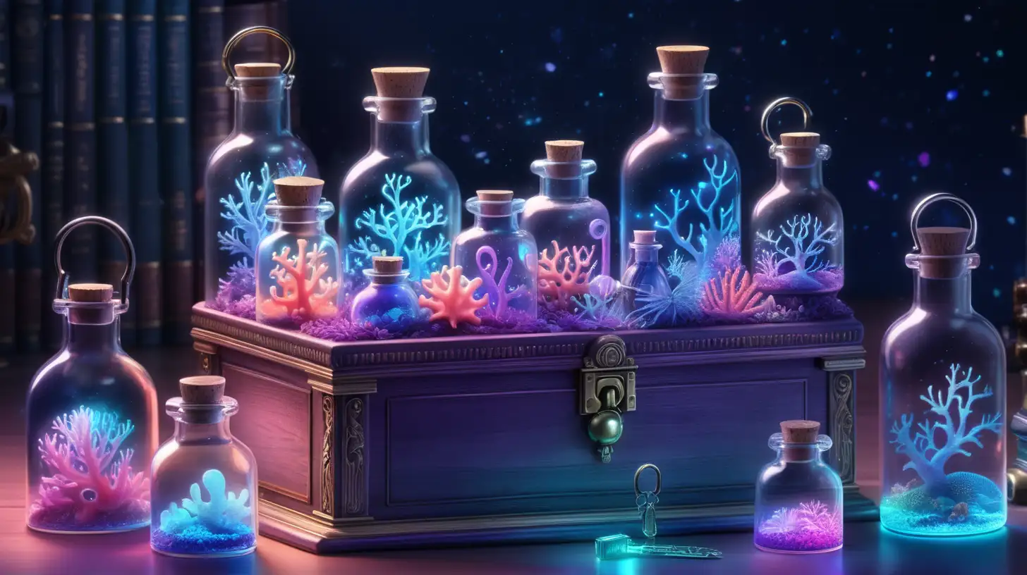 a box of glowing keys, fairytale, magical, library and glowing potions and inside the bottle are iridescent purple-ocean-coral, blue-coral, 8K.